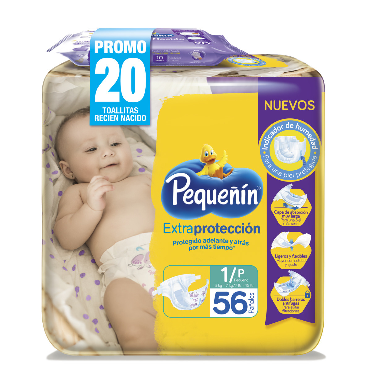 Imagen Inactiva Pañales Pequeñín Extraprotección Etapa 1 x 56 und + Toallitas Recién Nacido x 20 und